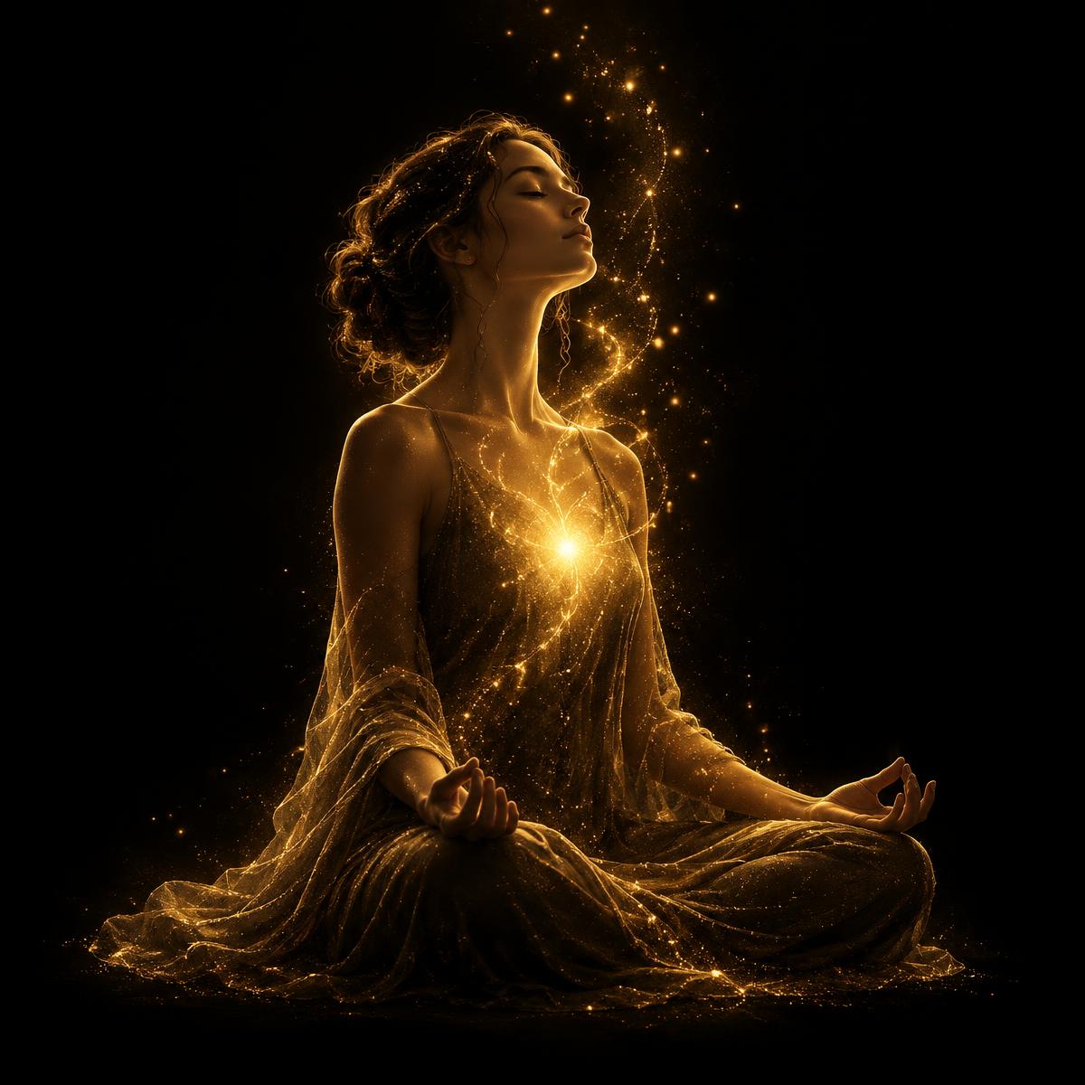 Silueta femenina en meditación trazada con luz dorada